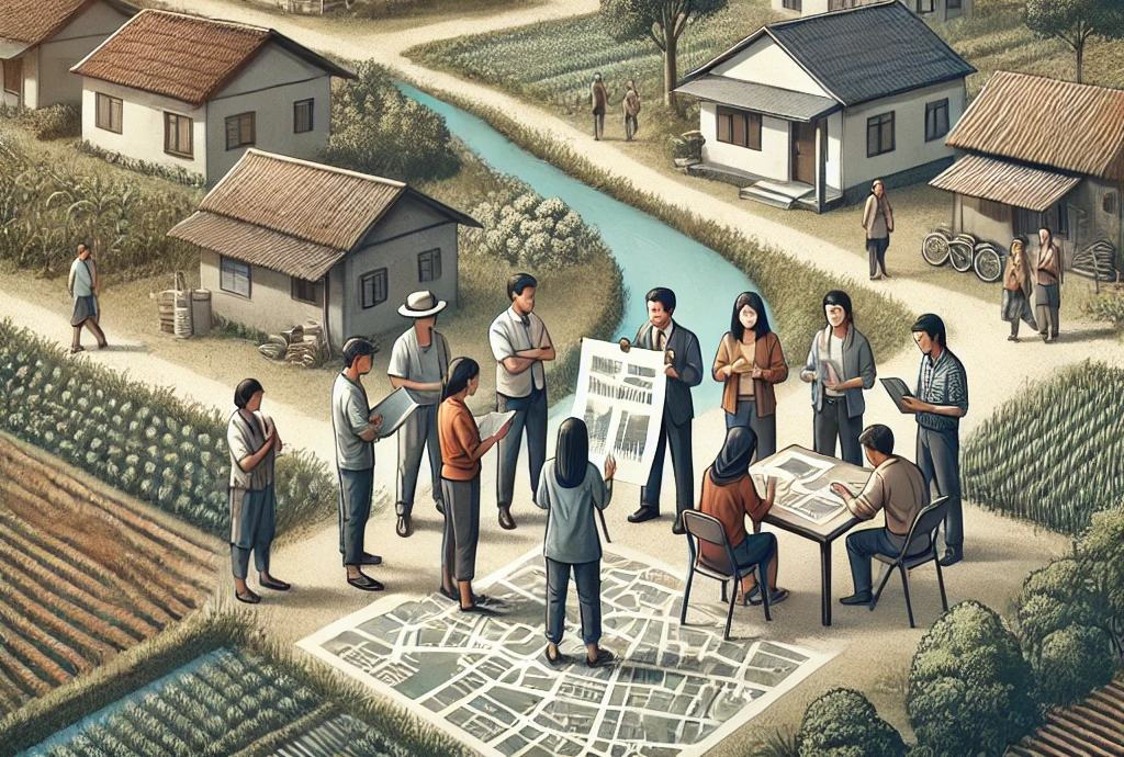 DALL·E 2025-03-13 18.53.23 - A group of diverse citizens gathered in a rural village setting, engaged in a discussion about urban planning and environmental issues. Some are holdi